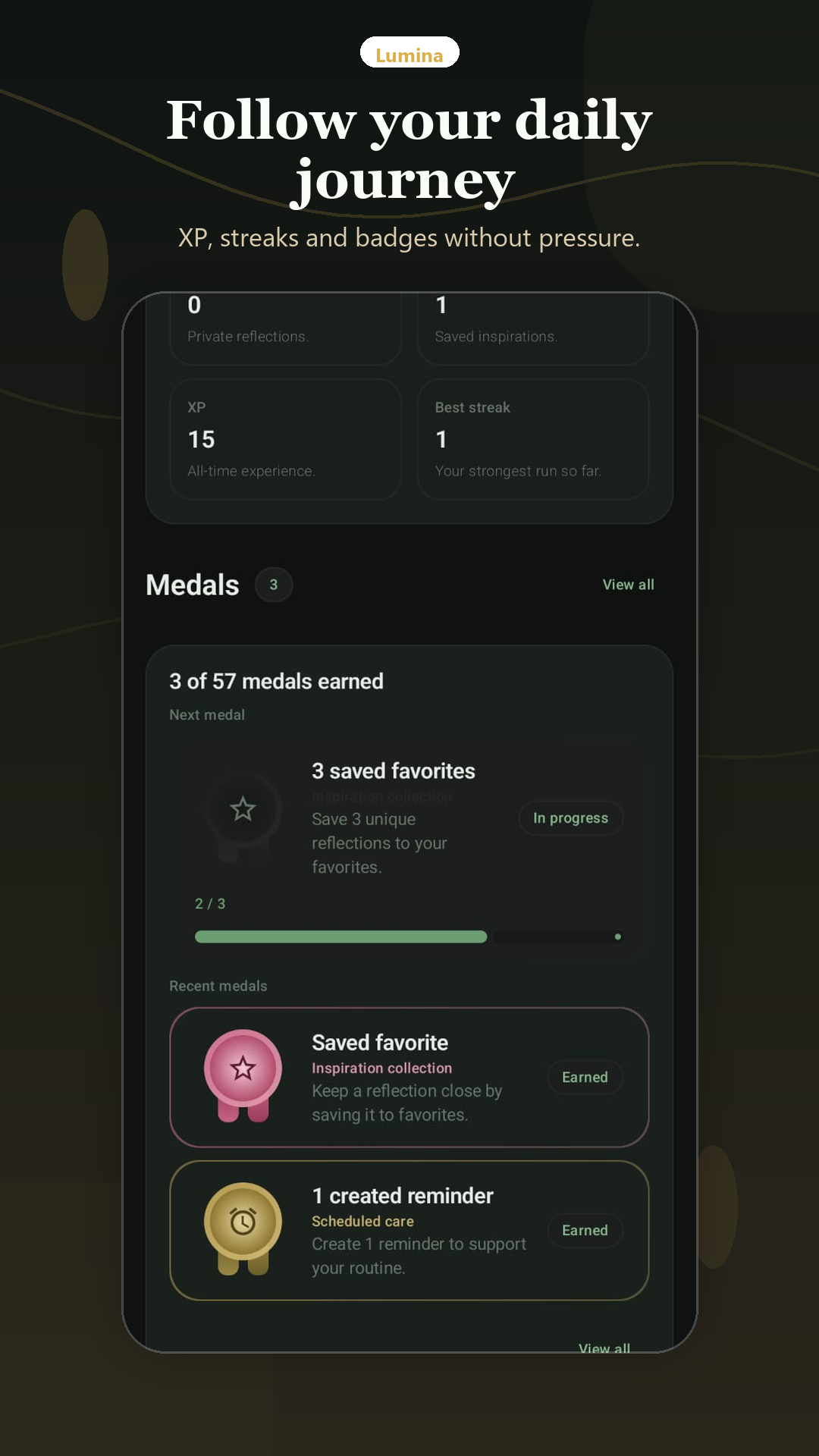 Progress and achievements. Use XP and achievements as gentle feedback.
