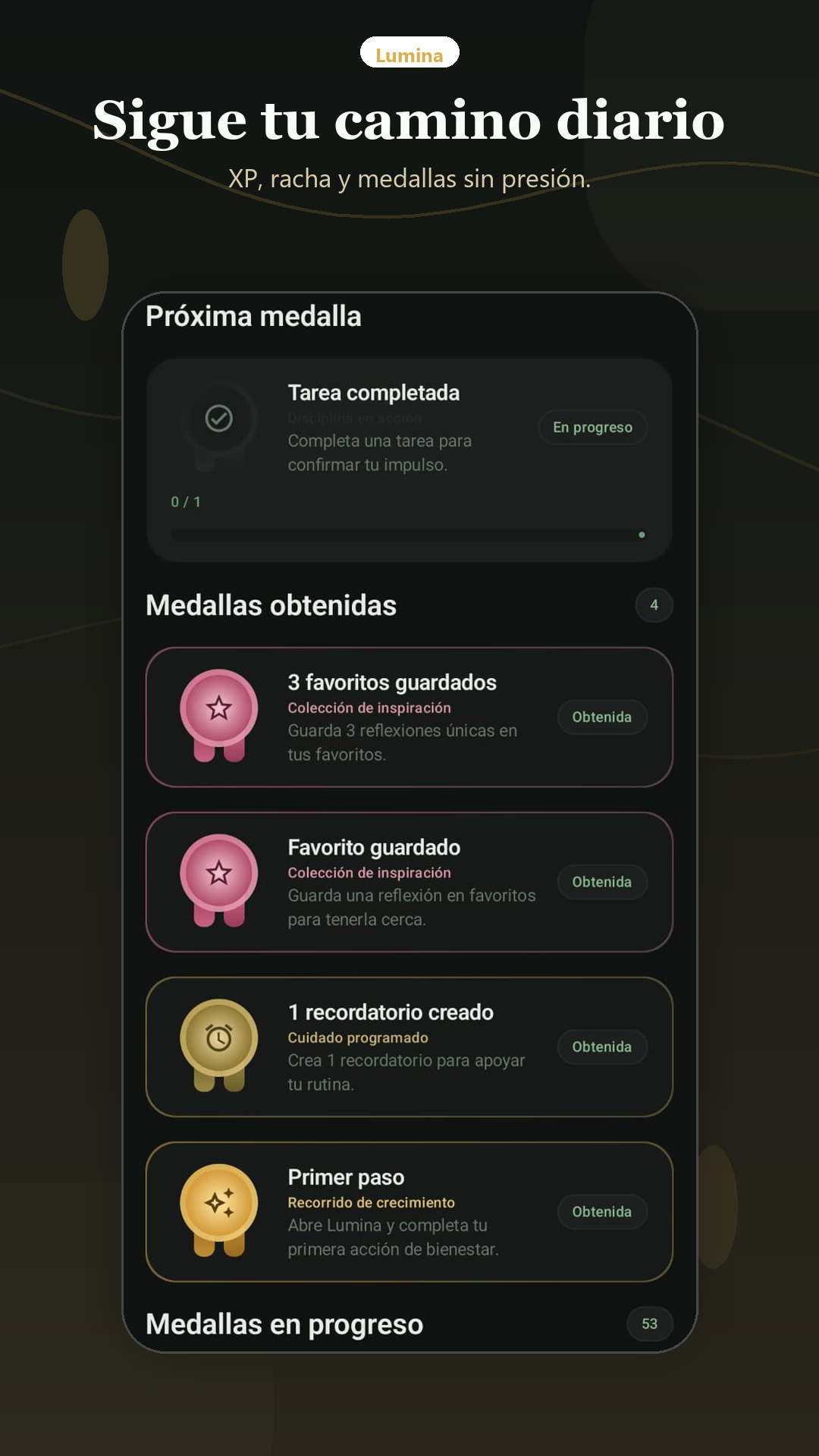 Progreso y logros. Usa XP y logros como feedback suave.