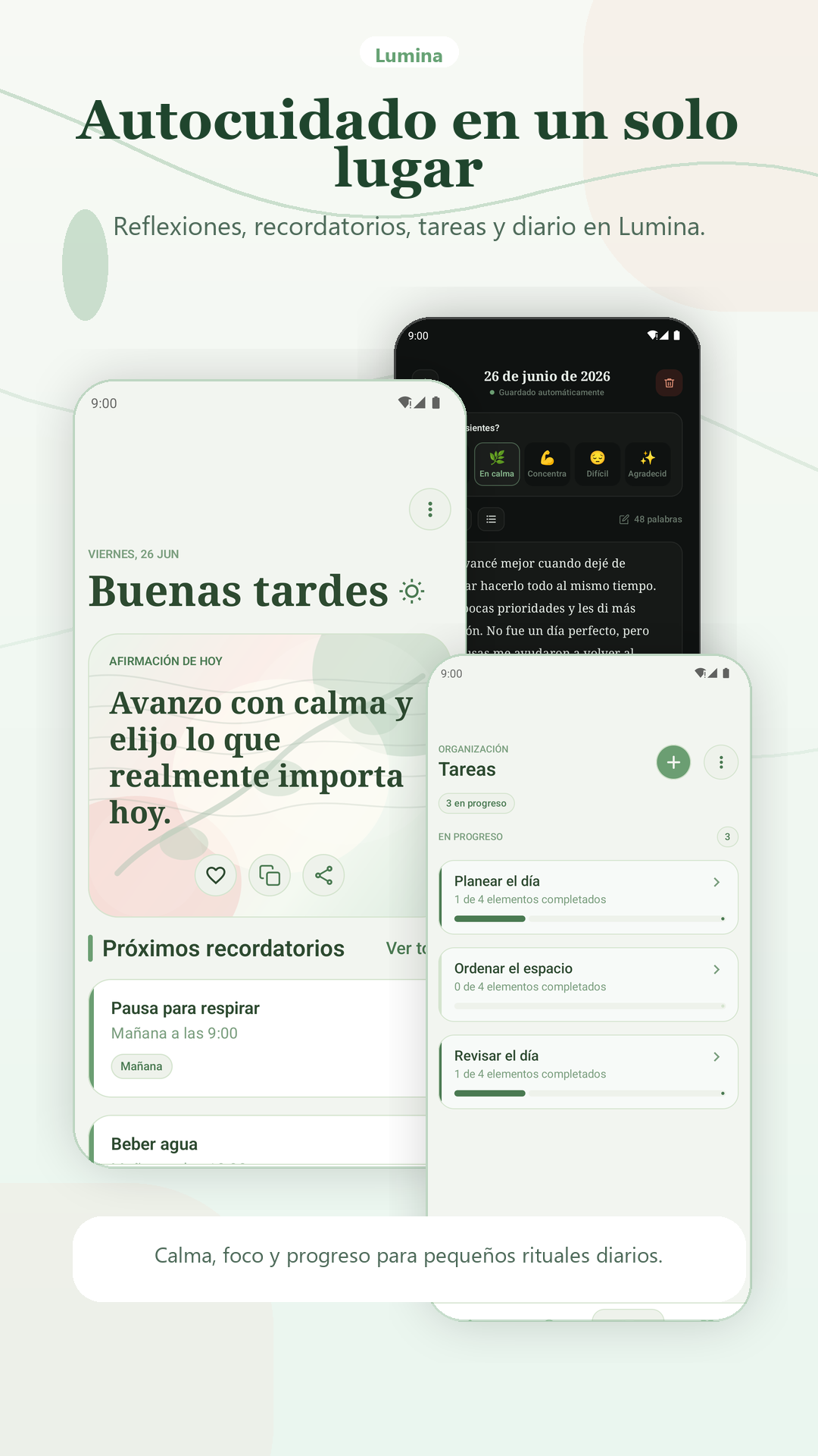 Crea un momento para ti cada día. Descarga Lumina y empieza con una afirmación, una tarea o una reflexión a la vez.