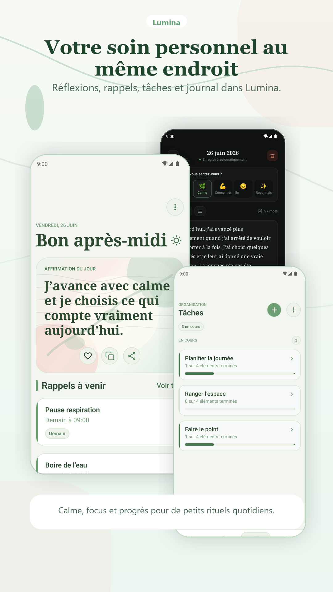 Créez un moment pour vous chaque jour. Téléchargez Lumina et commencez avec une affirmation, une tâche ou une réflexion à la fois.