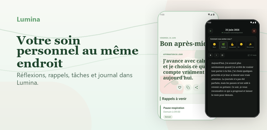 Visuel promotionnel Lumina avec écrans d'affirmation quotidienne et de journal privé