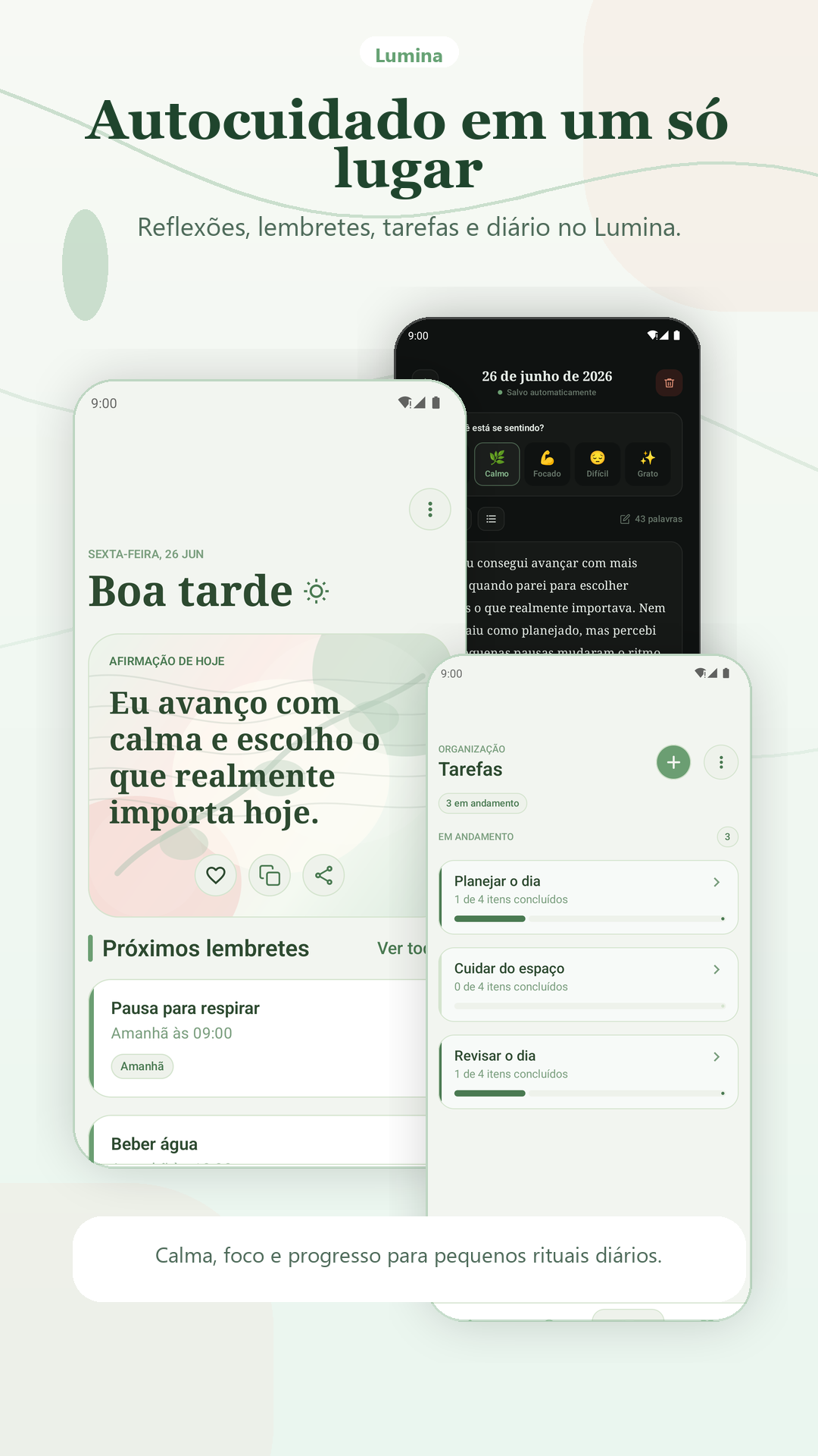 Crie um momento para você todos os dias. Baixe o Lumina e comece com uma afirmação, uma tarefa ou uma reflexão por vez.