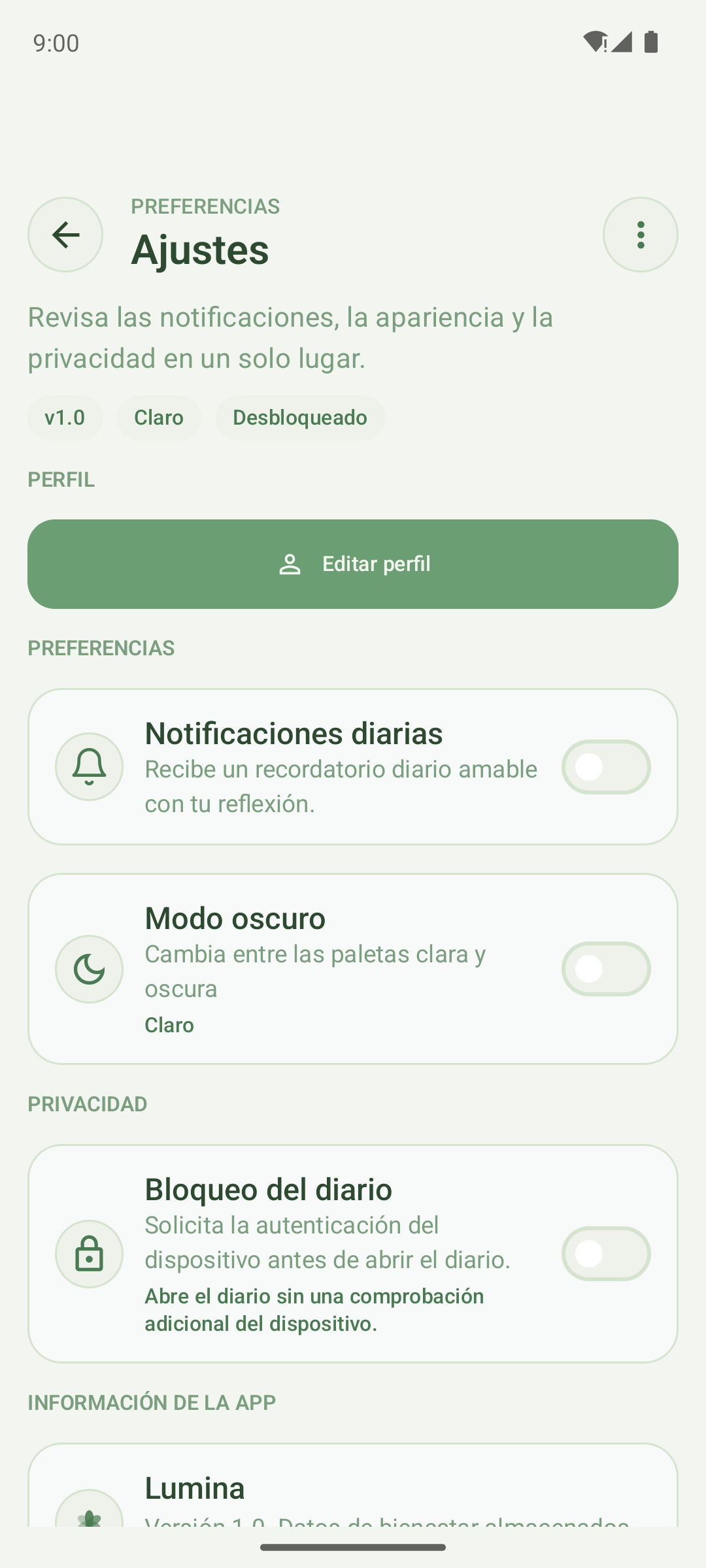 Ajustes de privacidad de Lumina