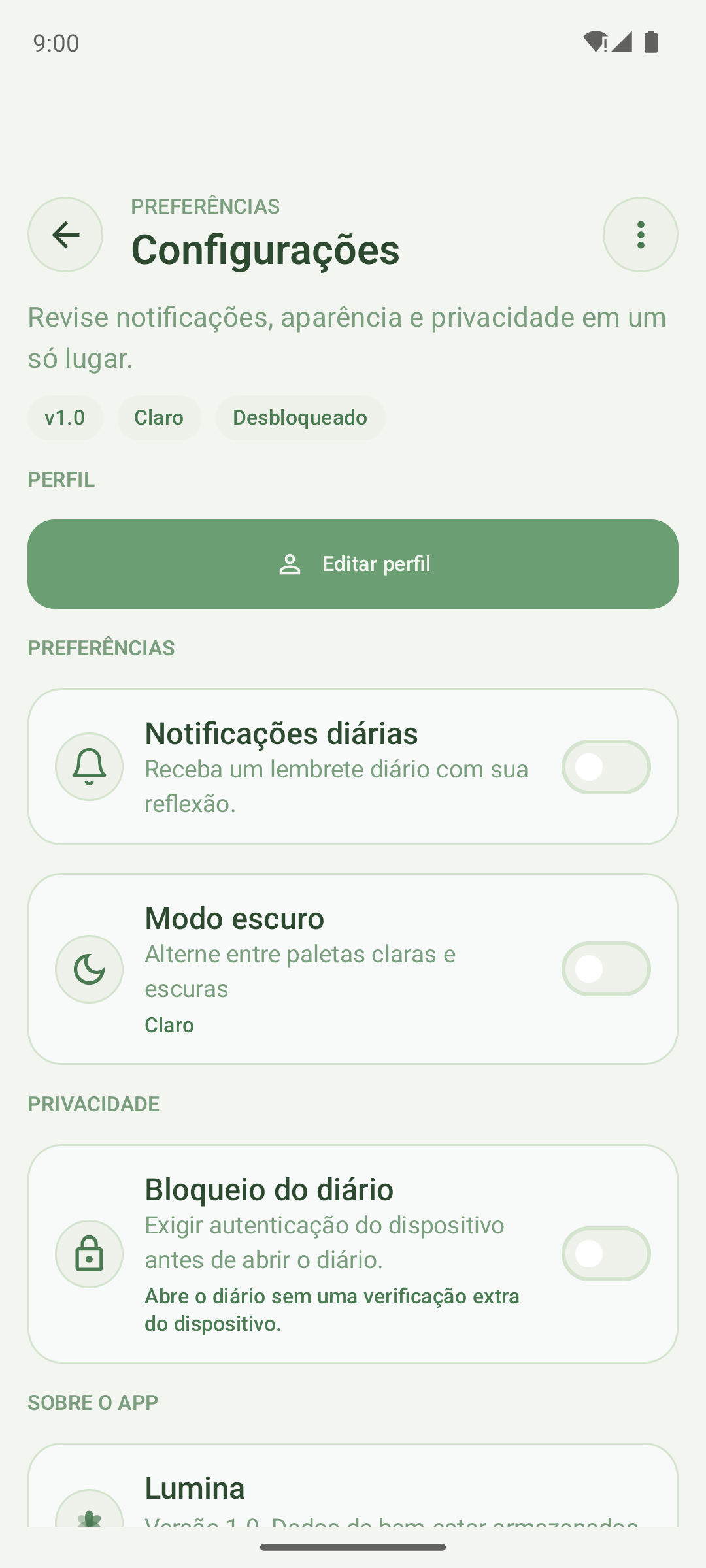Configurações de privacidade do Lumina
